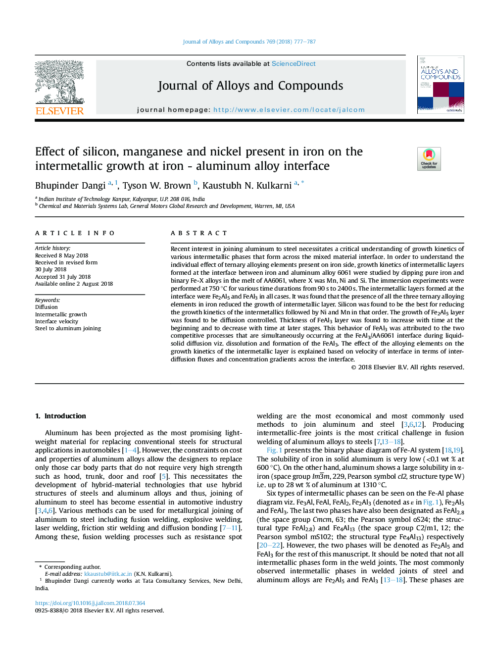 Effect of silicon, manganese and nickel present in iron on the intermetallic growth at iron - aluminum alloy interface