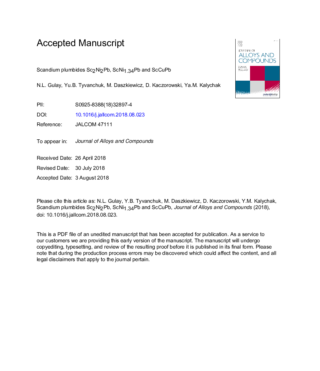 عکس صفحه اول مقاله: Scandium plumbides Sc2Ni2Pb, ScNi1.34Pb and ScCuPb Scandium plumbides Sc2Ni2Pb, ScNi1.34Pb and ScCuPb