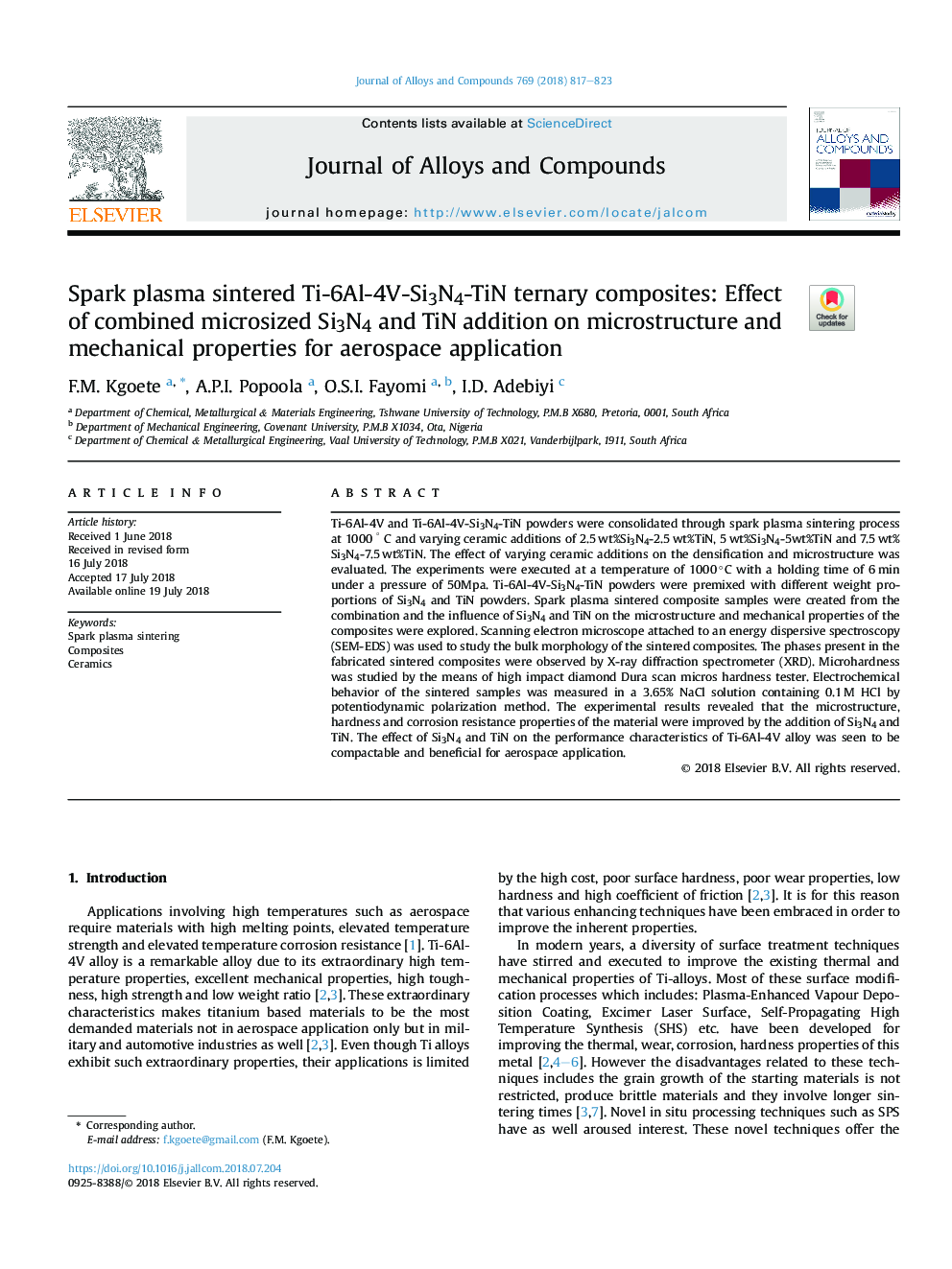 Spark plasma sintered Ti-6Al-4V-Si3N4-TiN ternary composites: Effect of combined microsized Si3N4 and TiN addition on microstructure and mechanical properties for aerospace application