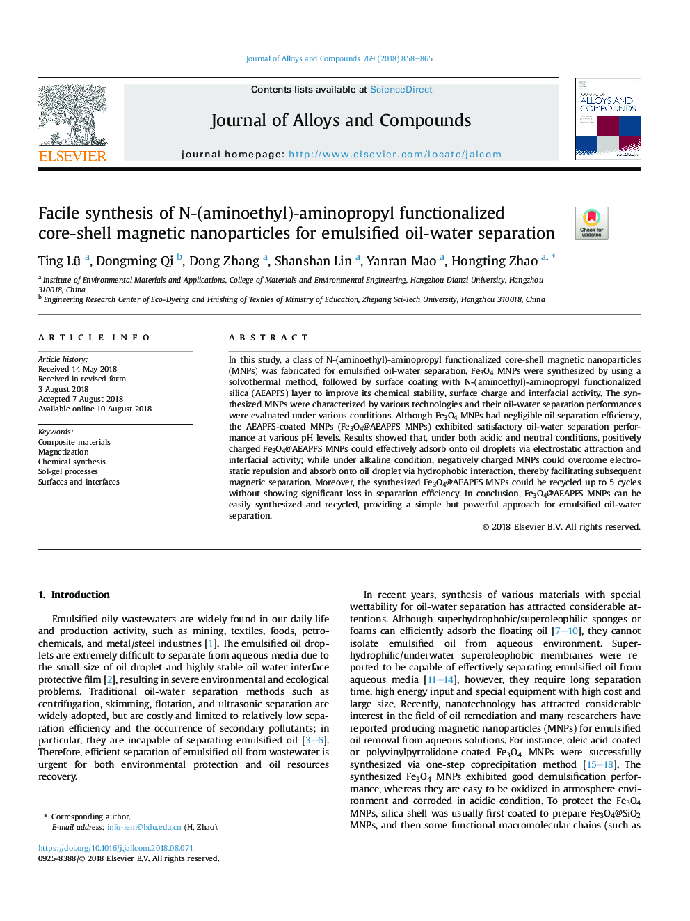 Facile synthesis of N-(aminoethyl)-aminopropyl functionalized core-shell magnetic nanoparticles for emulsified oil-water separation