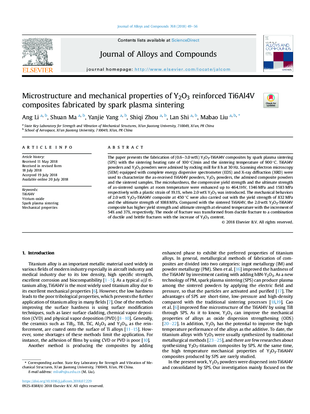 Microstructure and mechanical properties of Y2O3 reinforced Ti6Al4V composites fabricated by spark plasma sintering