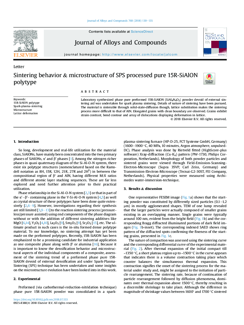 Sintering behavior & microstructure of SPS processed pure 15R-SiAlON polytype