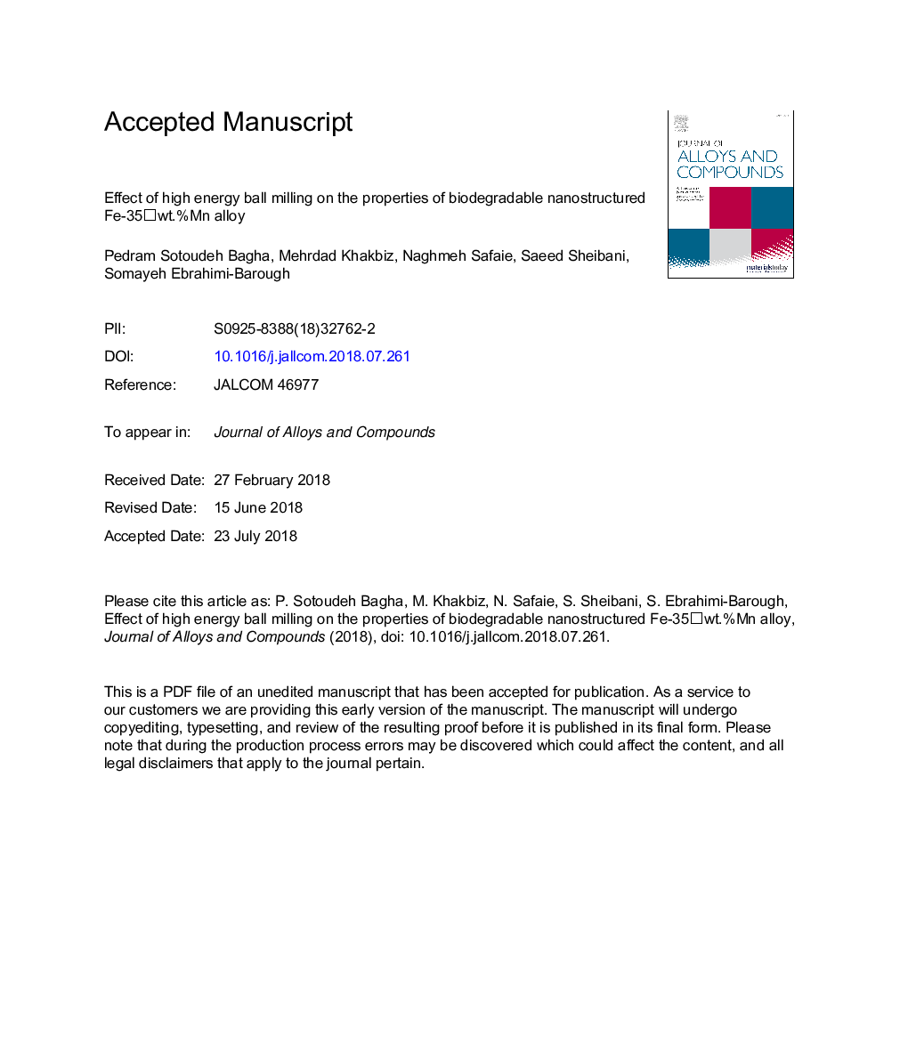 Effect of high energy ball milling on the properties of biodegradable nanostructured Fe-35â¯wt.%Mn alloy