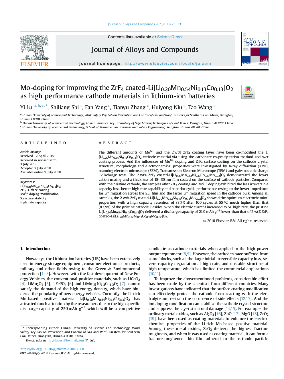 Mo-doping for improving the ZrF4 coated-Li[Li0.20Mn0.54Ni0.13Co0.13]O2 as high performance cathode materials in lithium-ion batteries