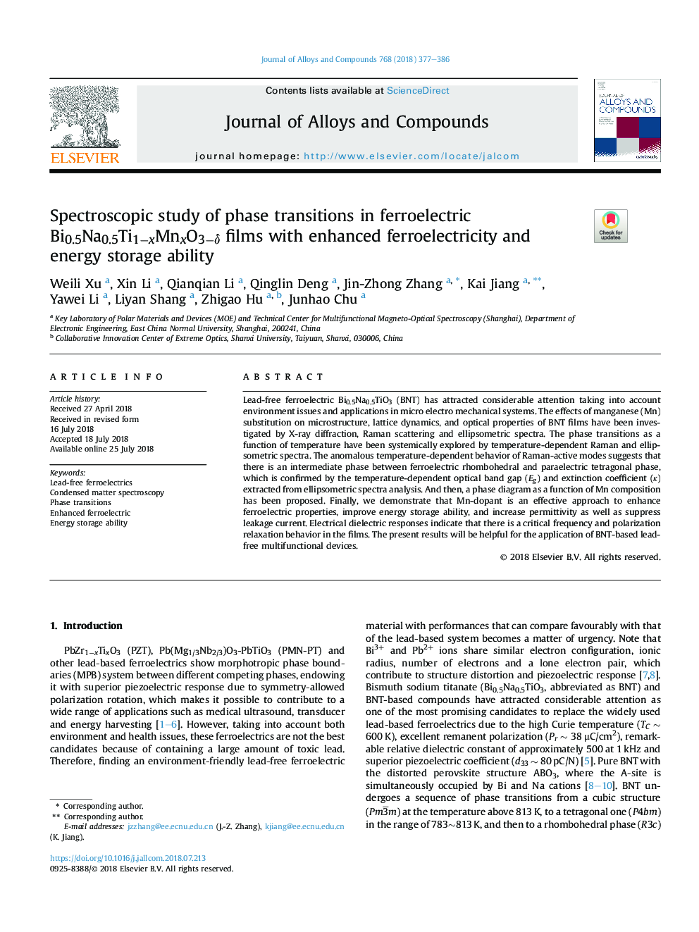 Spectroscopic study of phase transitions in ferroelectric Bi0.5Na0.5Ti1âxMnxO3âÎ´ films with enhanced ferroelectricity and energy storage ability