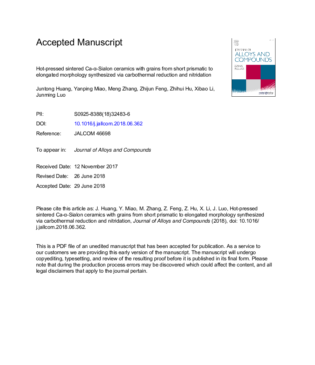 Hot-pressed sintered Ca-Î±-Sialon ceramics with grains from short prismatic to elongated morphology synthesized via carbothermal reduction and nitridation