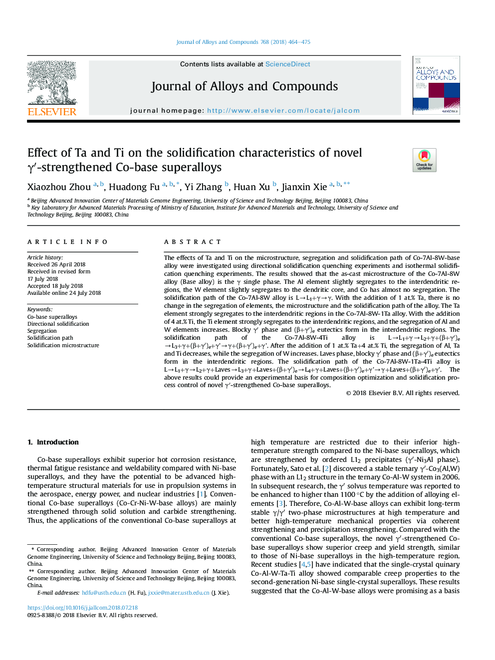 Effect of Ta and Ti on the solidification characteristics of novel Î³â²-strengthened Co-base superalloys