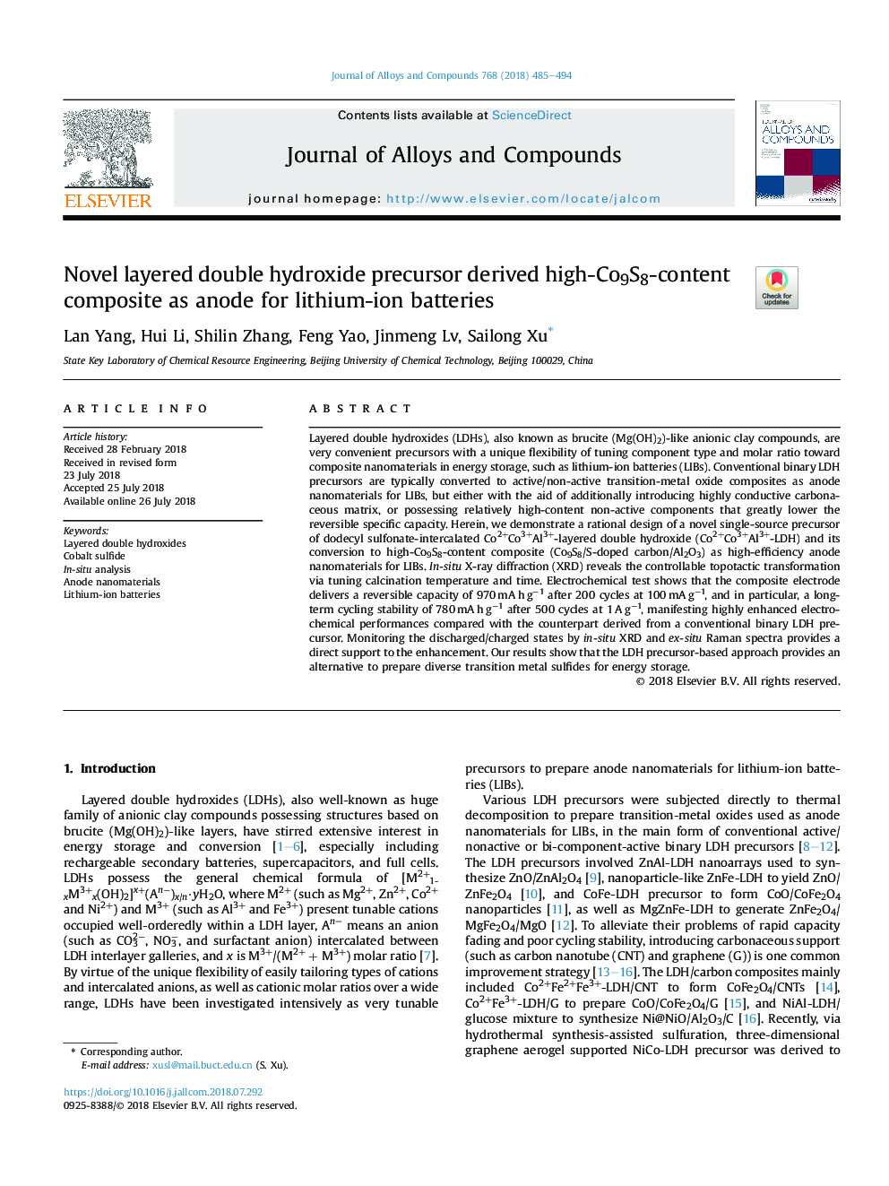 Novel layered double hydroxide precursor derived high-Co9S8-content composite as anode for lithium-ion batteries