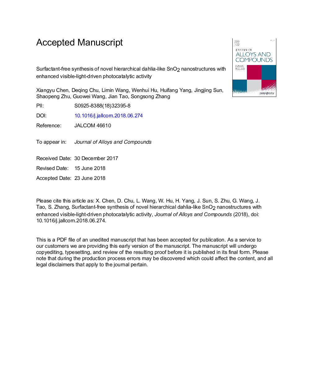 Surfactant-free synthesis of novel hierarchical dahlia-like SnO2 nanostructures with enhanced visible-light-driven photocatalytic activity