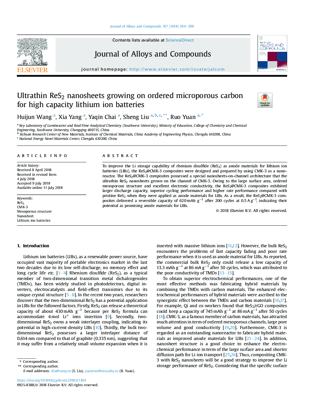 Ultrathin ReS2 nanosheets growing on ordered microporous carbon for high capacity lithium ion batteries