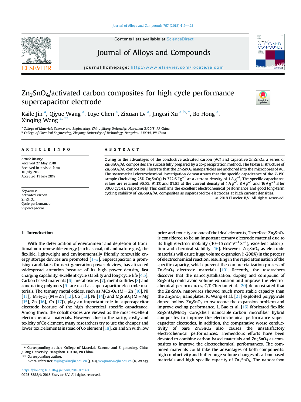 Zn2SnO4/activated carbon composites for high cycle performance supercapacitor electrode