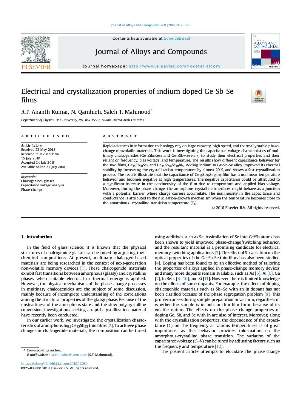 Electrical and crystallization properties of indium doped Ge-Sb-Se films