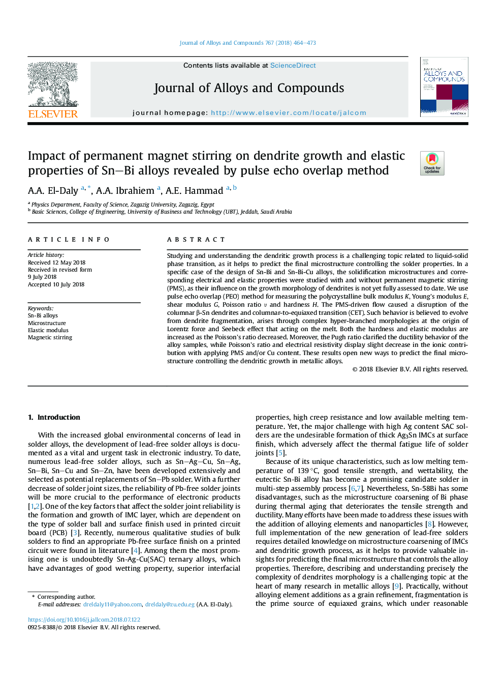 Impact of permanent magnet stirring on dendrite growth and elastic properties of Sn-Bi alloys revealed by pulse echo overlap method