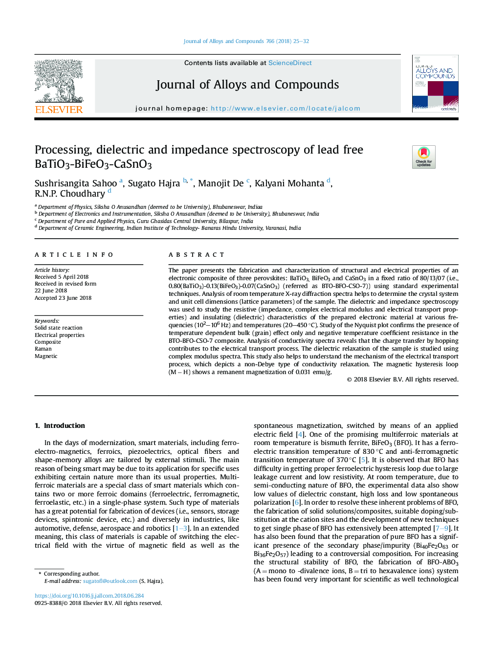 Processing, dielectric and impedance spectroscopy of lead free BaTiO3-BiFeO3-CaSnO3