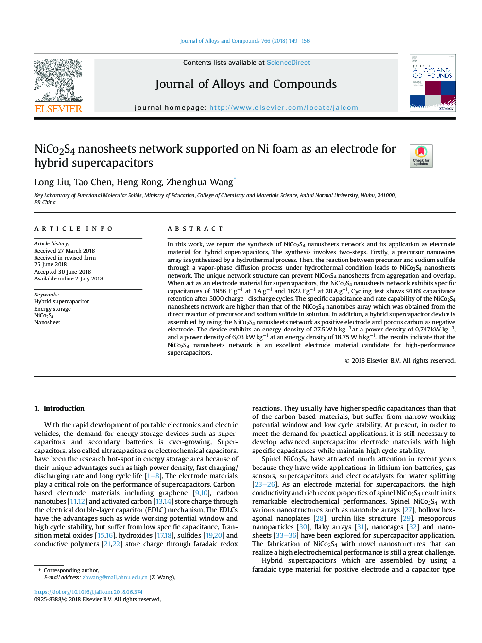 NiCo2S4 nanosheets network supported on Ni foam as an electrode for hybrid supercapacitors