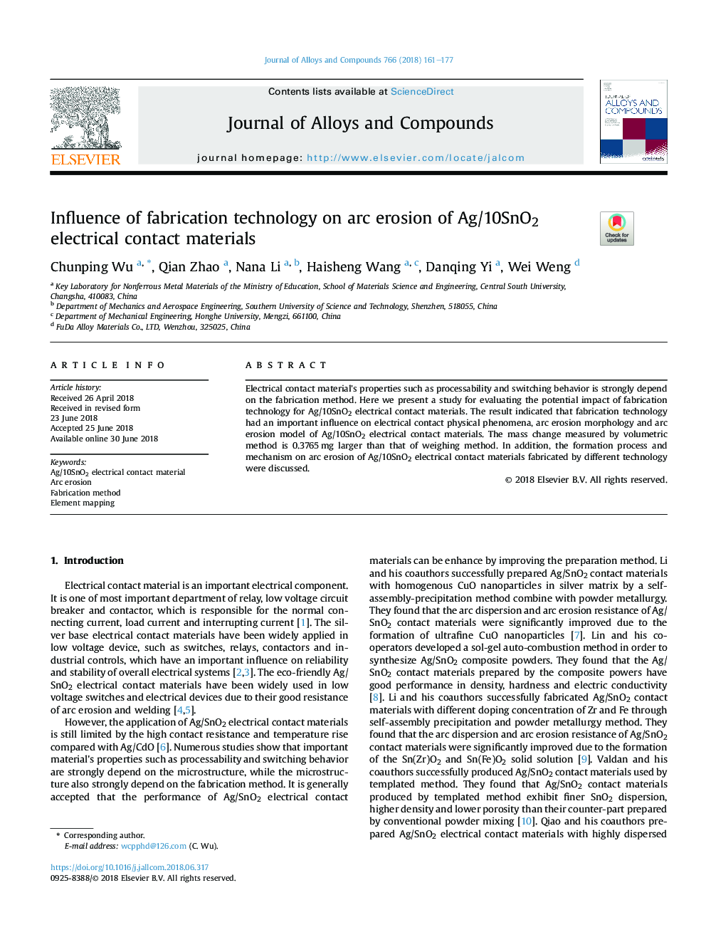 Influence of fabrication technology on arc erosion of Ag/10SnO2 electrical contact materials