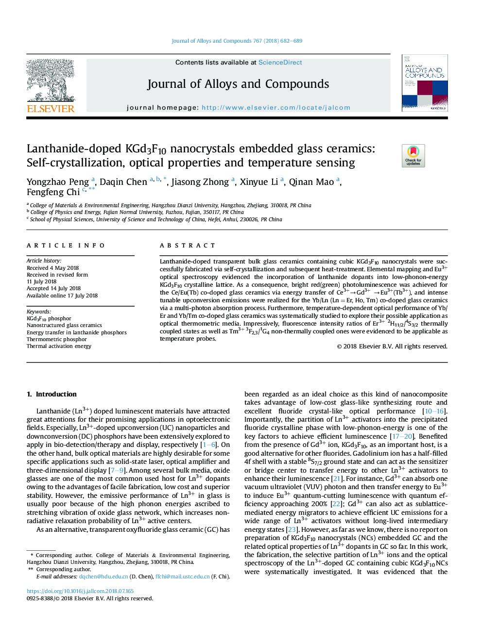 Lanthanide-doped KGd3F10 nanocrystals embedded glass ceramics: Self-crystallization, optical properties and temperature sensing