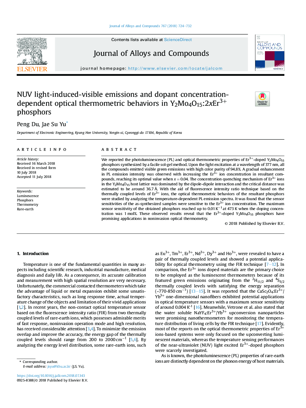 NUV light-induced-visible emissions and dopant concentration-dependent optical thermometric behaviors in Y2Mo4O15:2xEr3+ phosphors