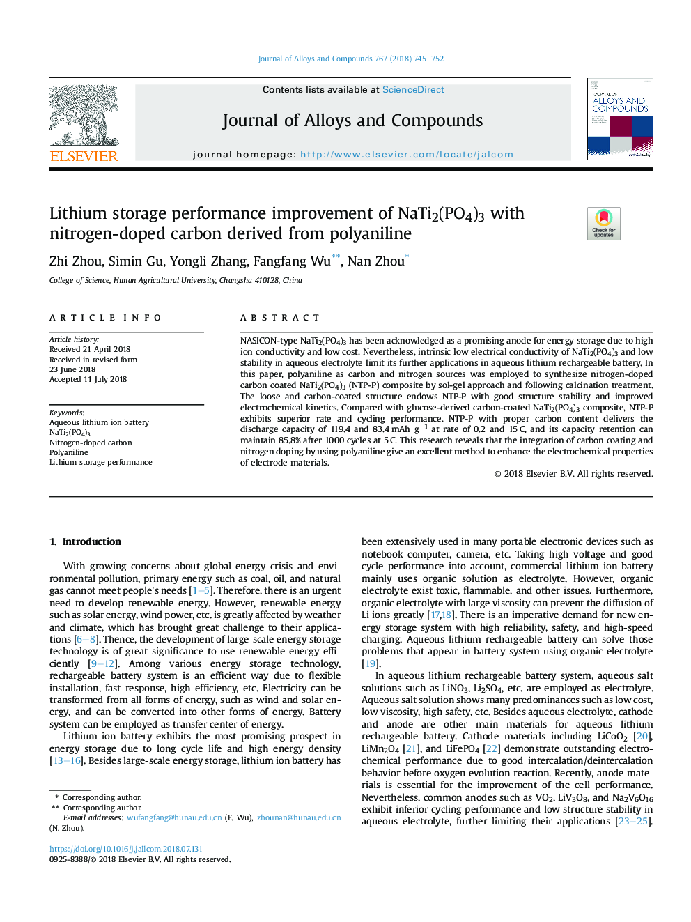 Lithium storage performance improvement of NaTi2(PO4)3 with nitrogen-doped carbon derived from polyaniline