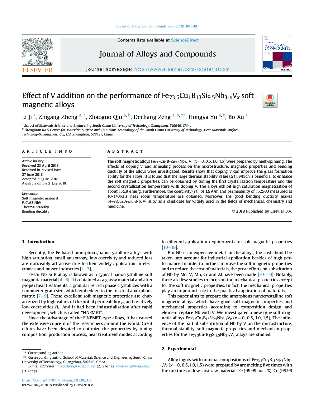 عکس صفحه اول مقاله: Effect of V addition on the performance of Fe73.5Cu1B13Si9.5Nb3-xVx soft magnetic alloys Effect of V addition on the performance of Fe73.5Cu1B13Si9.5Nb3-xVx soft magnetic alloys