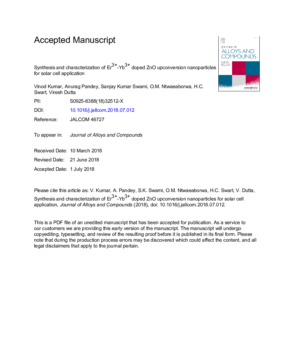 Synthesis and characterization of Er3+-Yb3+ doped ZnO upconversion nanoparticles for solar cell application