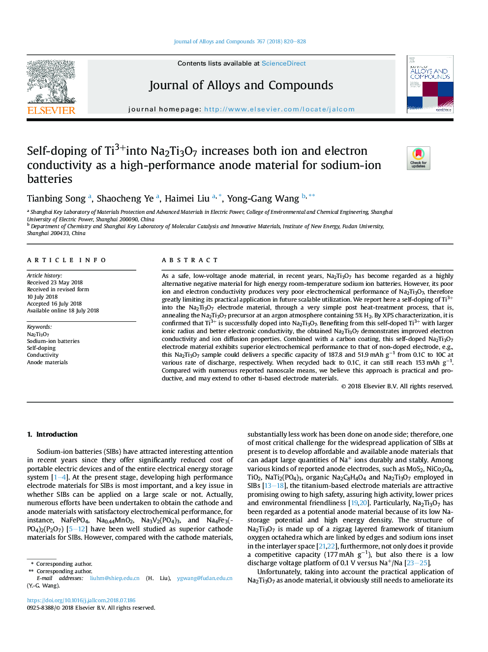 Self-doping of Ti3+into Na2Ti3O7 increases both ion and electron conductivity as a high-performance anode material for sodium-ion batteries