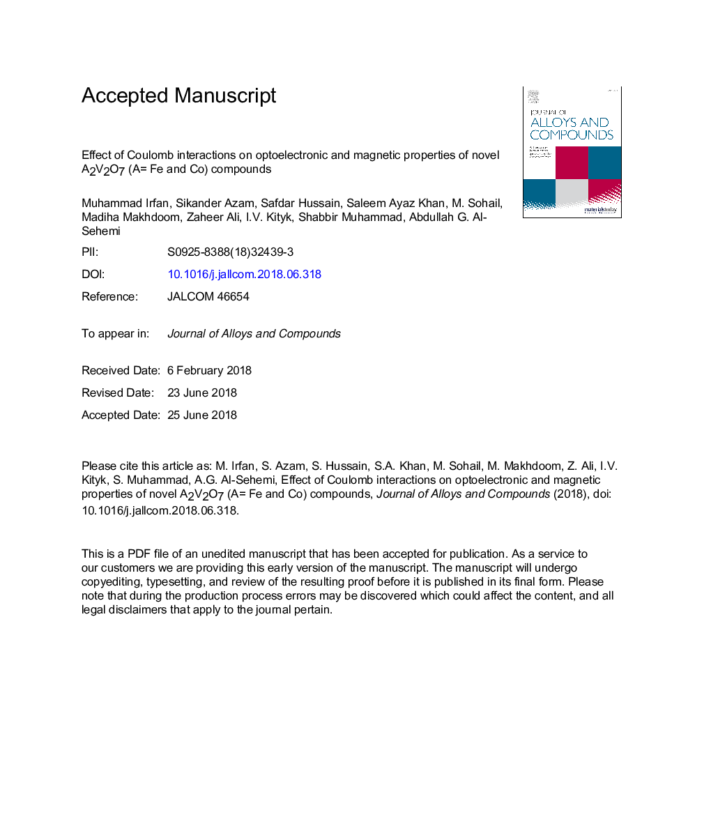 Effect of Coulomb interactions on optoelectronic and magnetic properties of novel A2V2O7 (A= Fe and Co) compounds