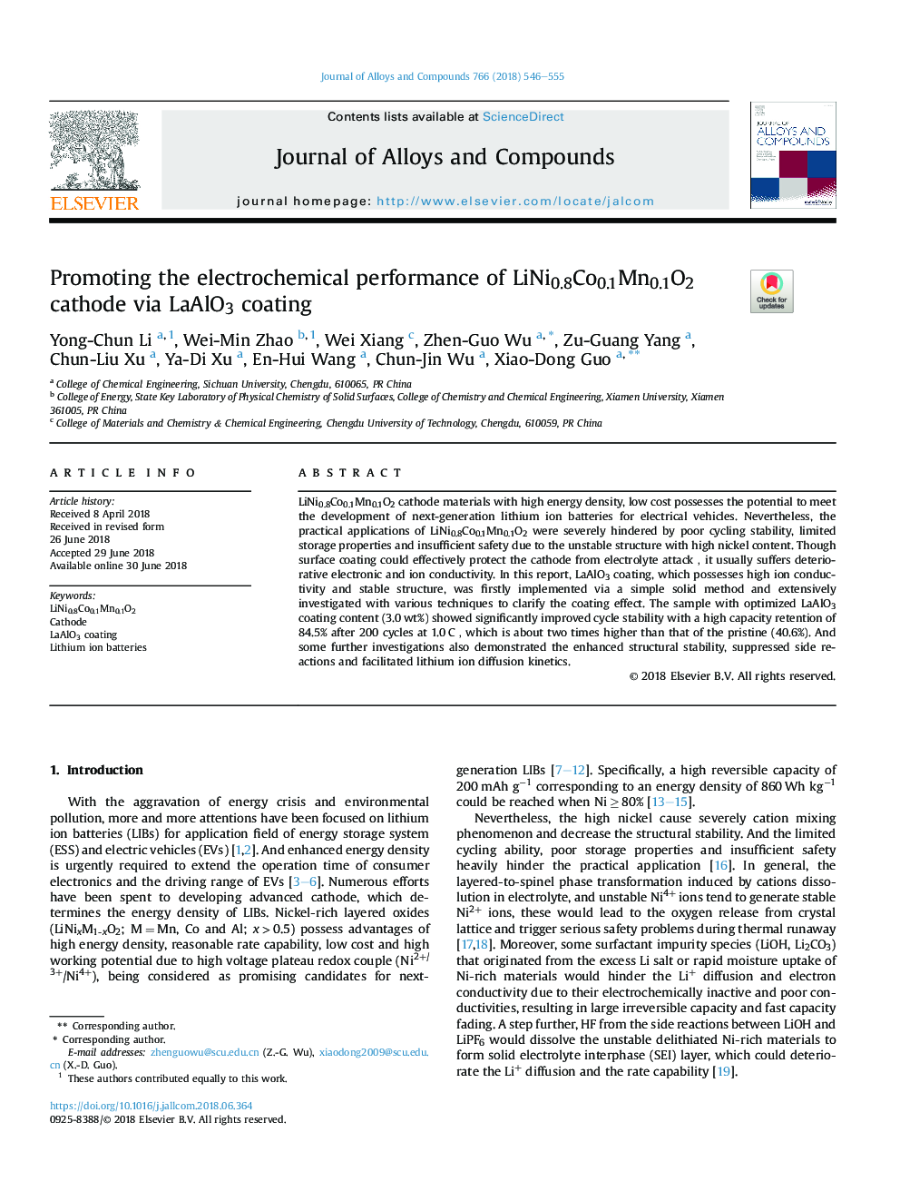Promoting the electrochemical performance of LiNi0.8Co0.1Mn0.1O2 cathode via LaAlO3 coating