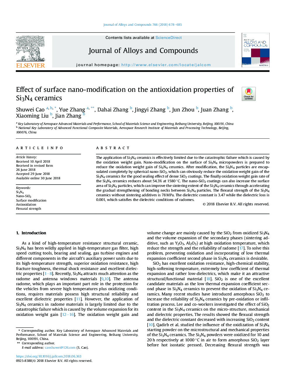 Effect of surface nano-modification on the antioxidation properties of Si3N4 ceramics