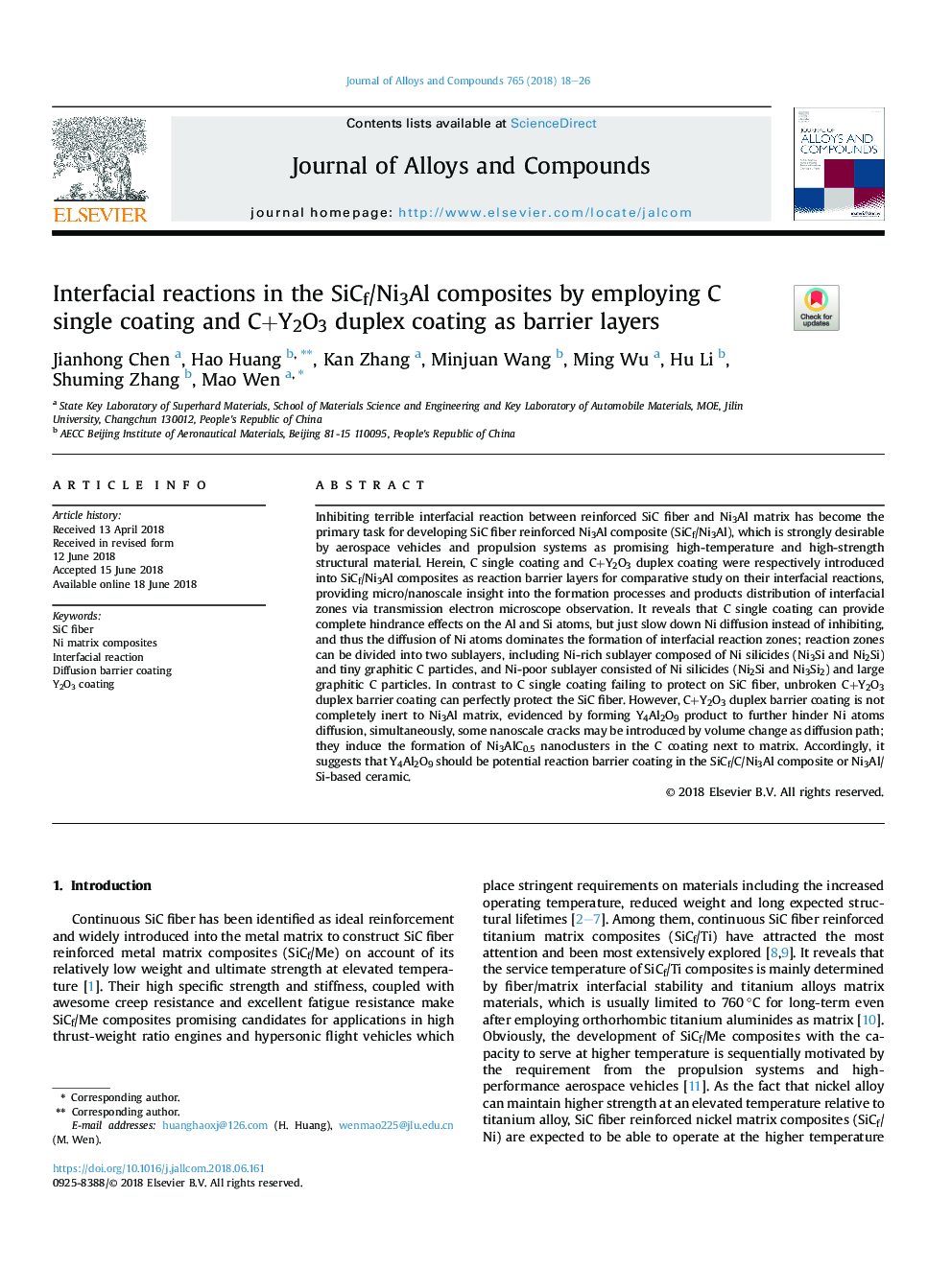 Interfacial reactions in the SiCf/Ni3Al composites by employing C single coating and C+Y2O3 duplex coating as barrier layers