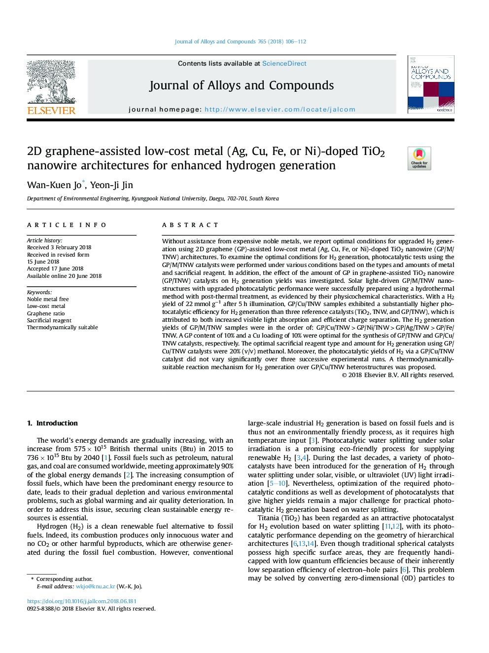 2D graphene-assisted low-cost metal (Ag, Cu, Fe, or Ni)-doped TiO2 nanowire architectures for enhanced hydrogen generation