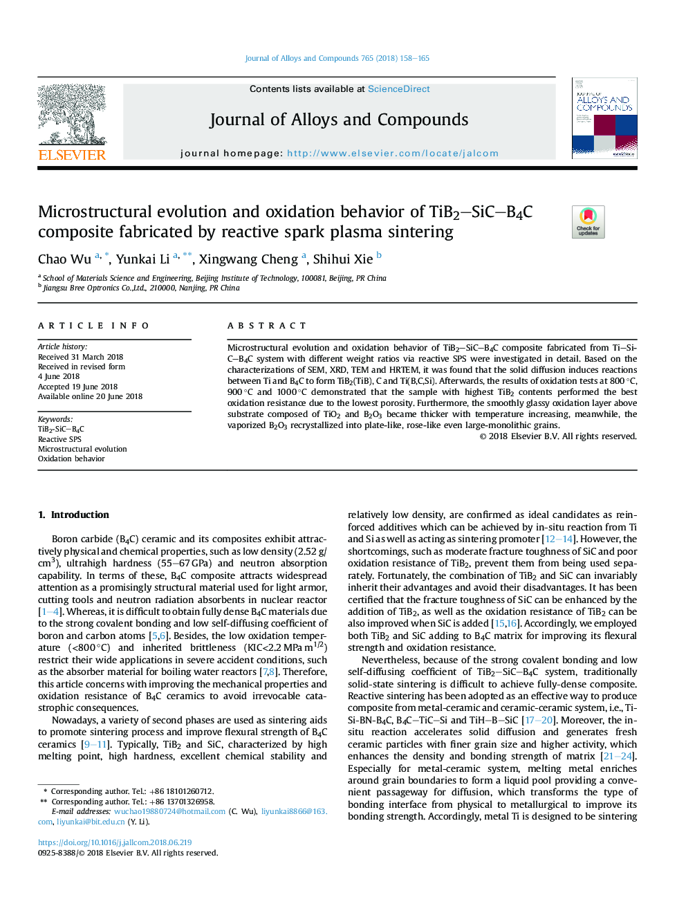 Microstructural evolution and oxidation behavior of TiB2SiCB4C composite fabricated by reactive spark plasma sintering