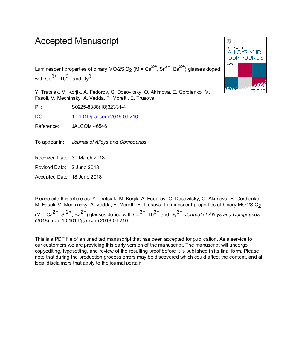 Luminescent properties of binary MO-2SiO2 (MÂ = Ca2+, Sr2+, Ba2+) glasses doped with Ce3+, Tb3+ and Dy3+