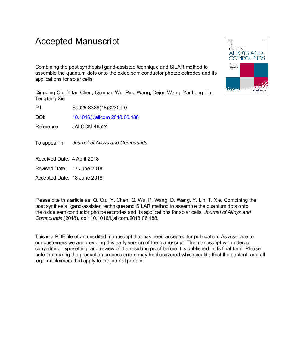 عکس صفحه اول مقاله: Combining the post synthesis ligand-assisted technique and SILAR method to assemble the quantum dots onto the oxide semiconductor photoelectrodes and its applications for solar cells Combining the post synthesis ligand-assisted technique and SILAR method to assemble the quantum dots onto the oxide semiconductor photoelectrodes and its applications for solar cells