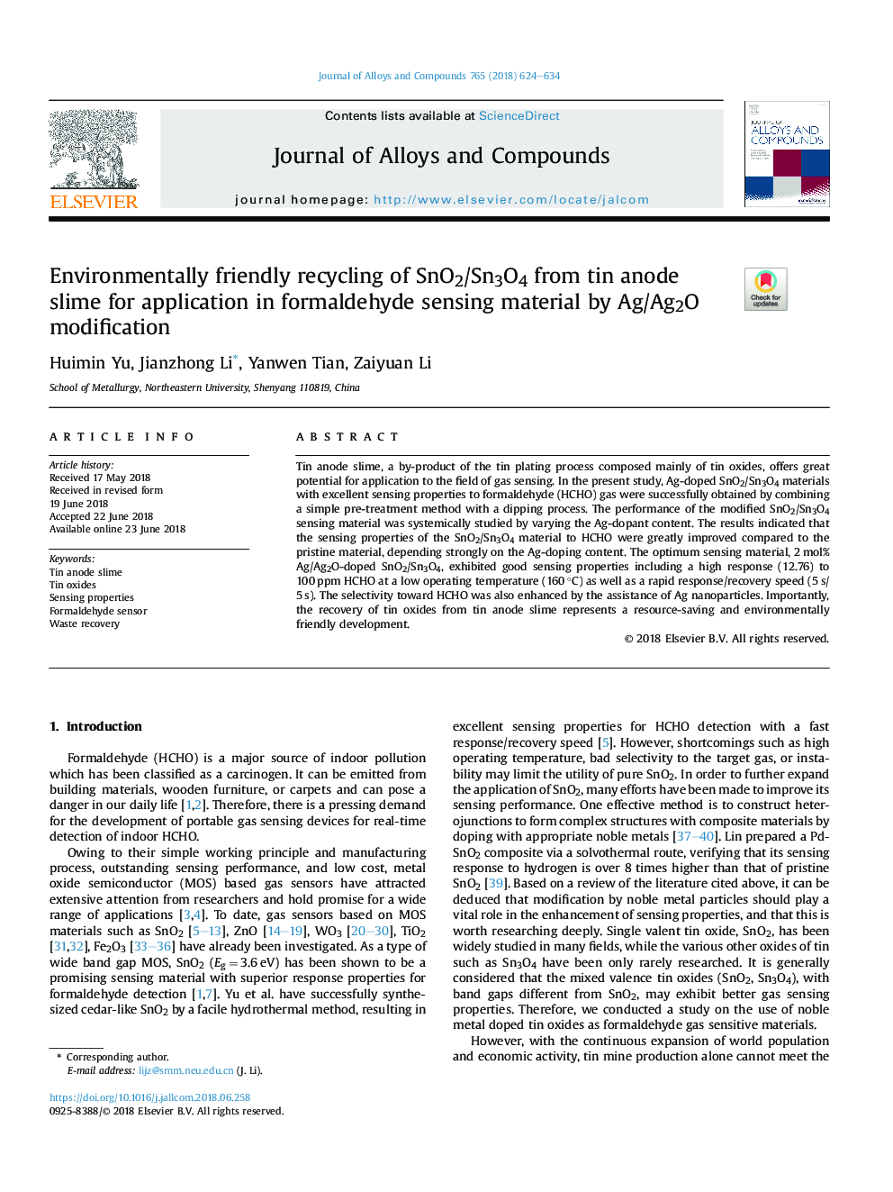 Environmentally friendly recycling of SnO2/Sn3O4 from tin anode slime for application in formaldehyde sensing material by Ag/Ag2O modification