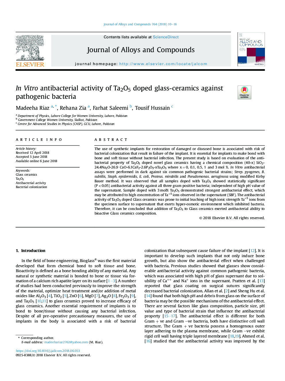 InÂ Vitro antibacterial activity of Ta2O5 doped glass-ceramics against pathogenic bacteria