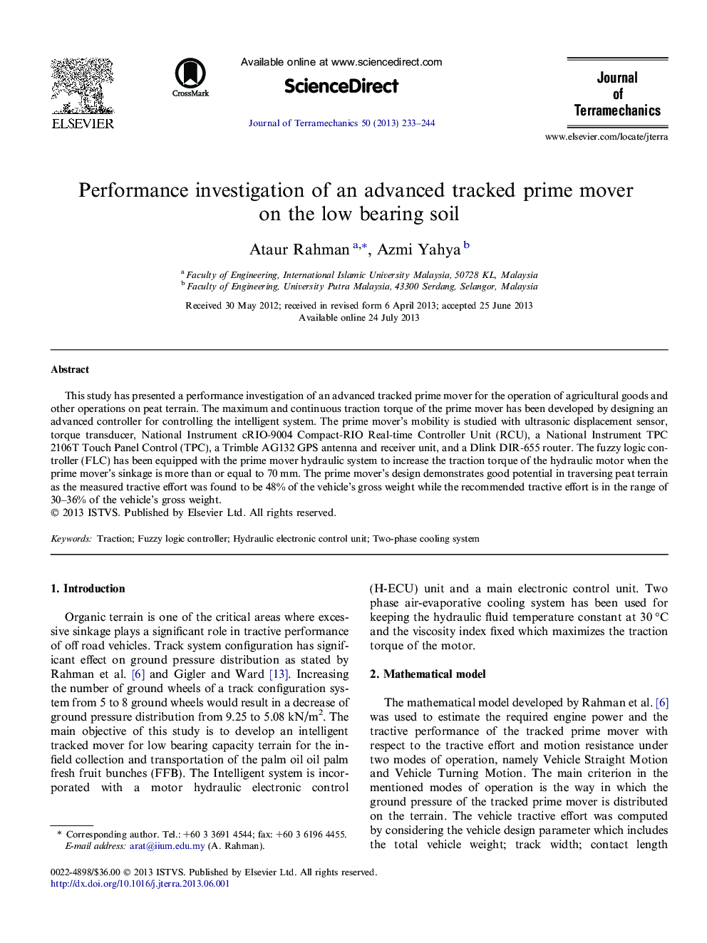 Performance investigation of an advanced tracked prime mover on the low bearing soil