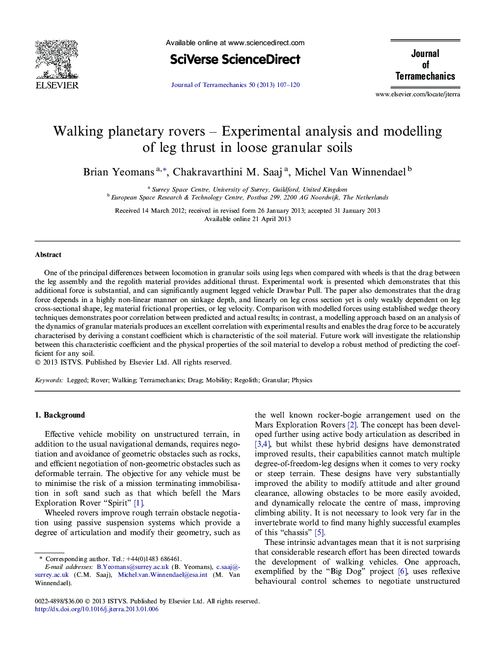 Walking planetary rovers – Experimental analysis and modelling of leg thrust in loose granular soils