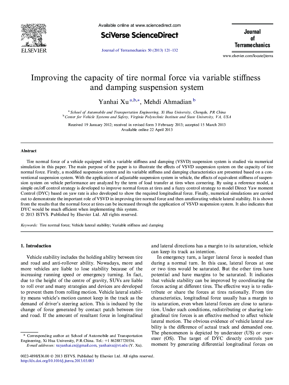 Improving the capacity of tire normal force via variable stiffness and damping suspension system