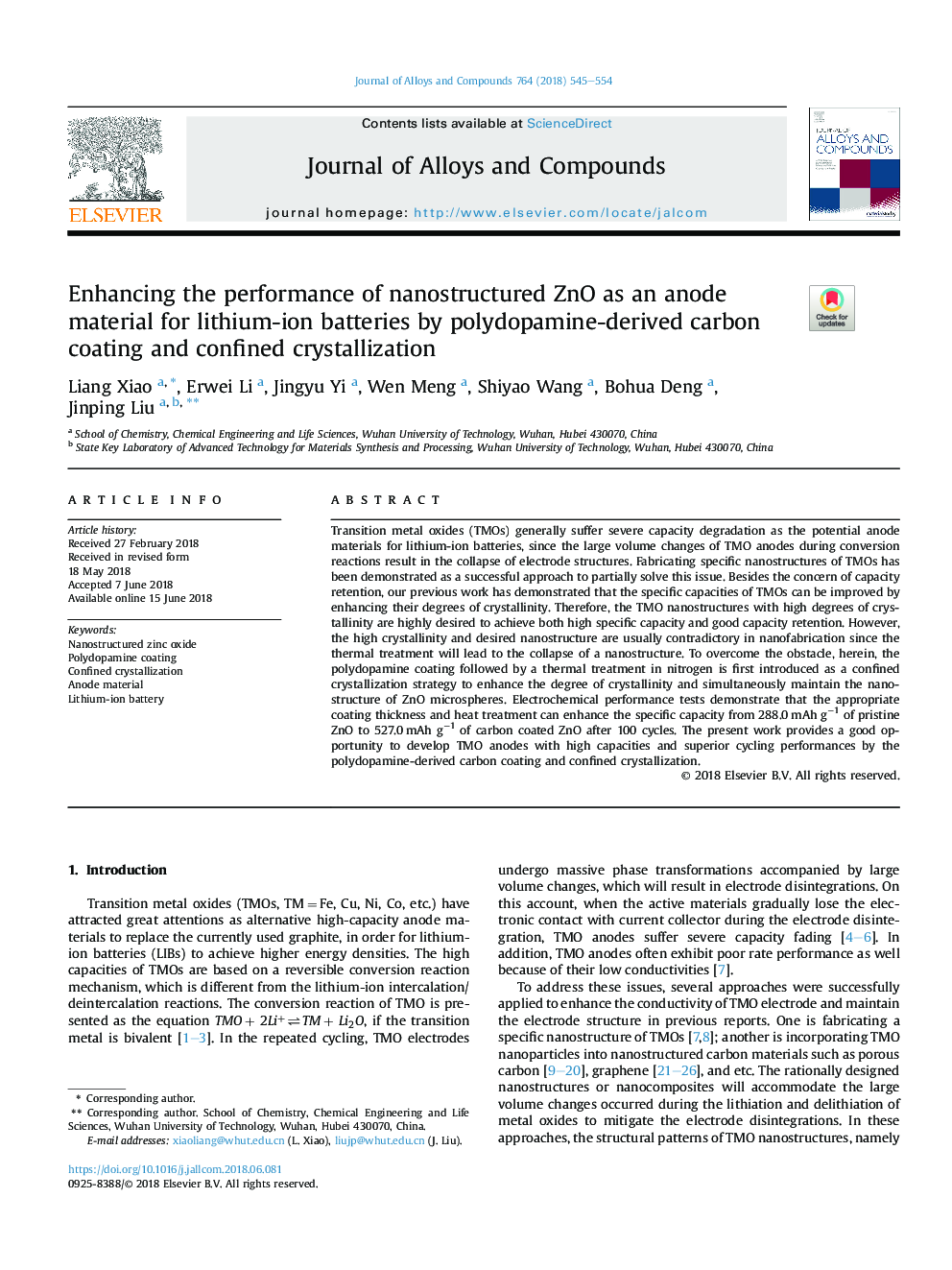 Enhancing the performance of nanostructured ZnO as an anode material for lithium-ion batteries by polydopamine-derived carbon coating and confined crystallization