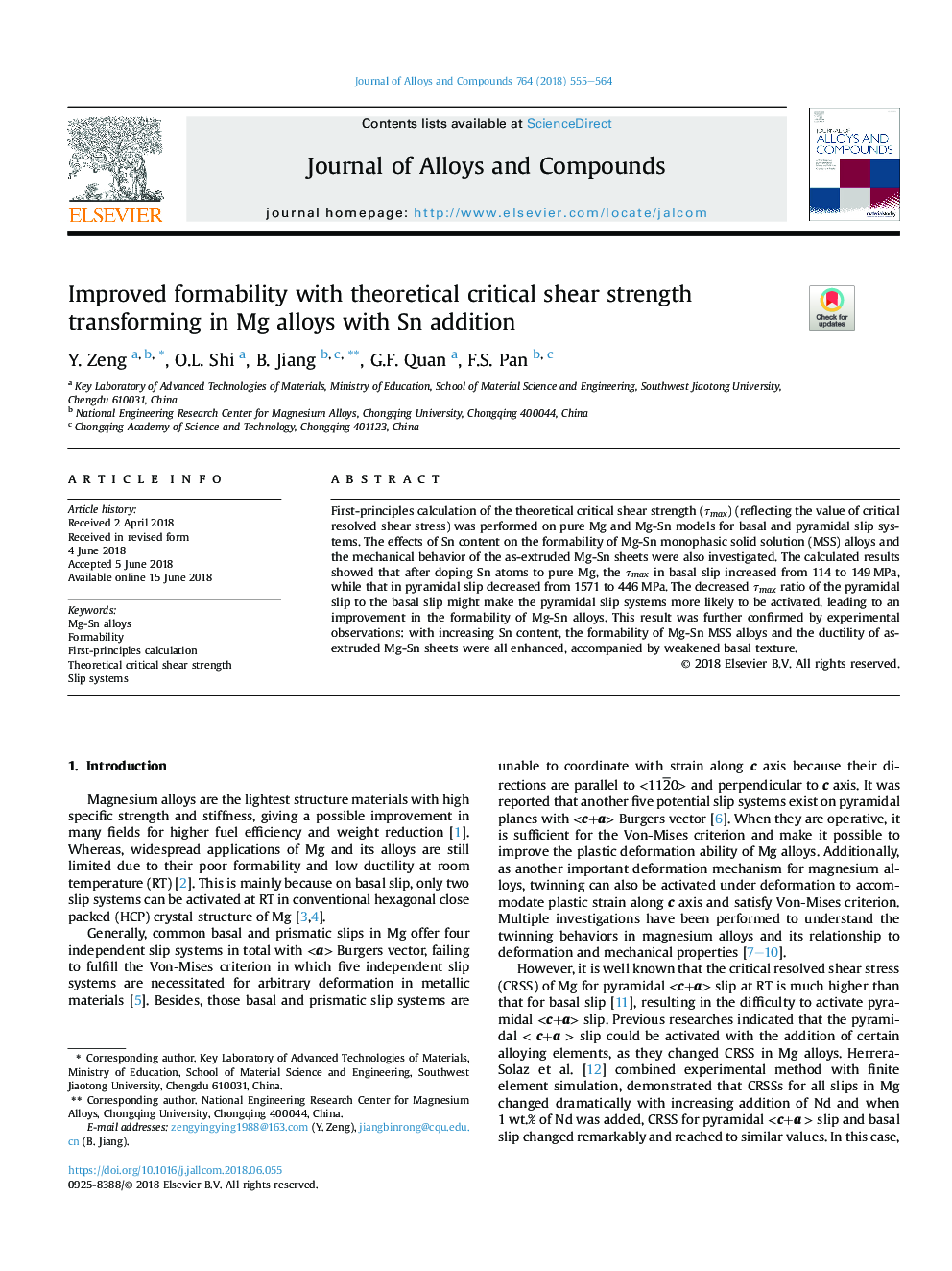 Improved formability with theoretical critical shear strength transforming in Mg alloys with Sn addition