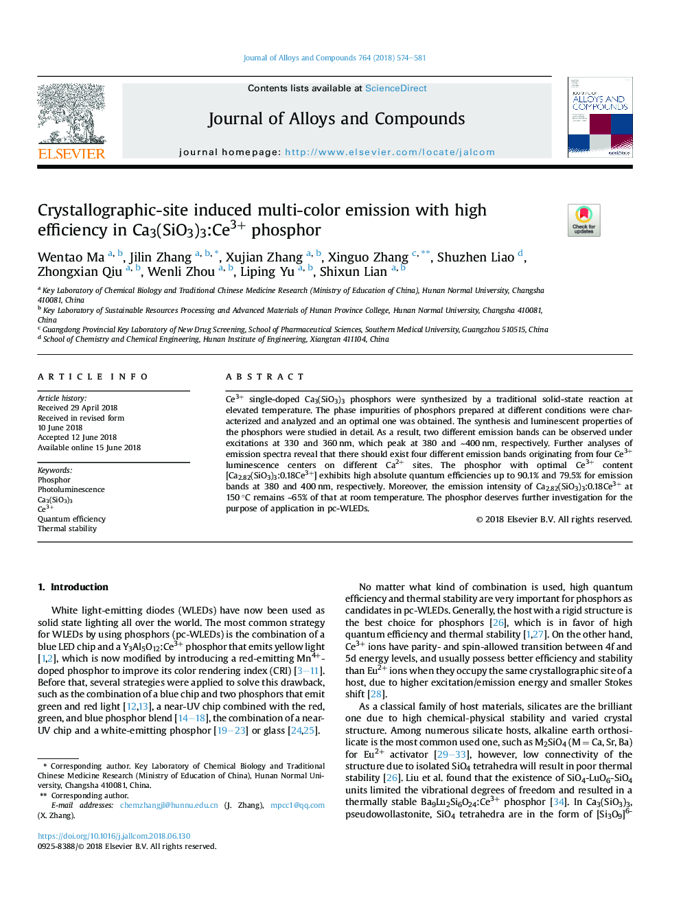 Crystallographic-site induced multi-color emission with high efficiency in Ca3(SiO3)3:Ce3+ phosphor