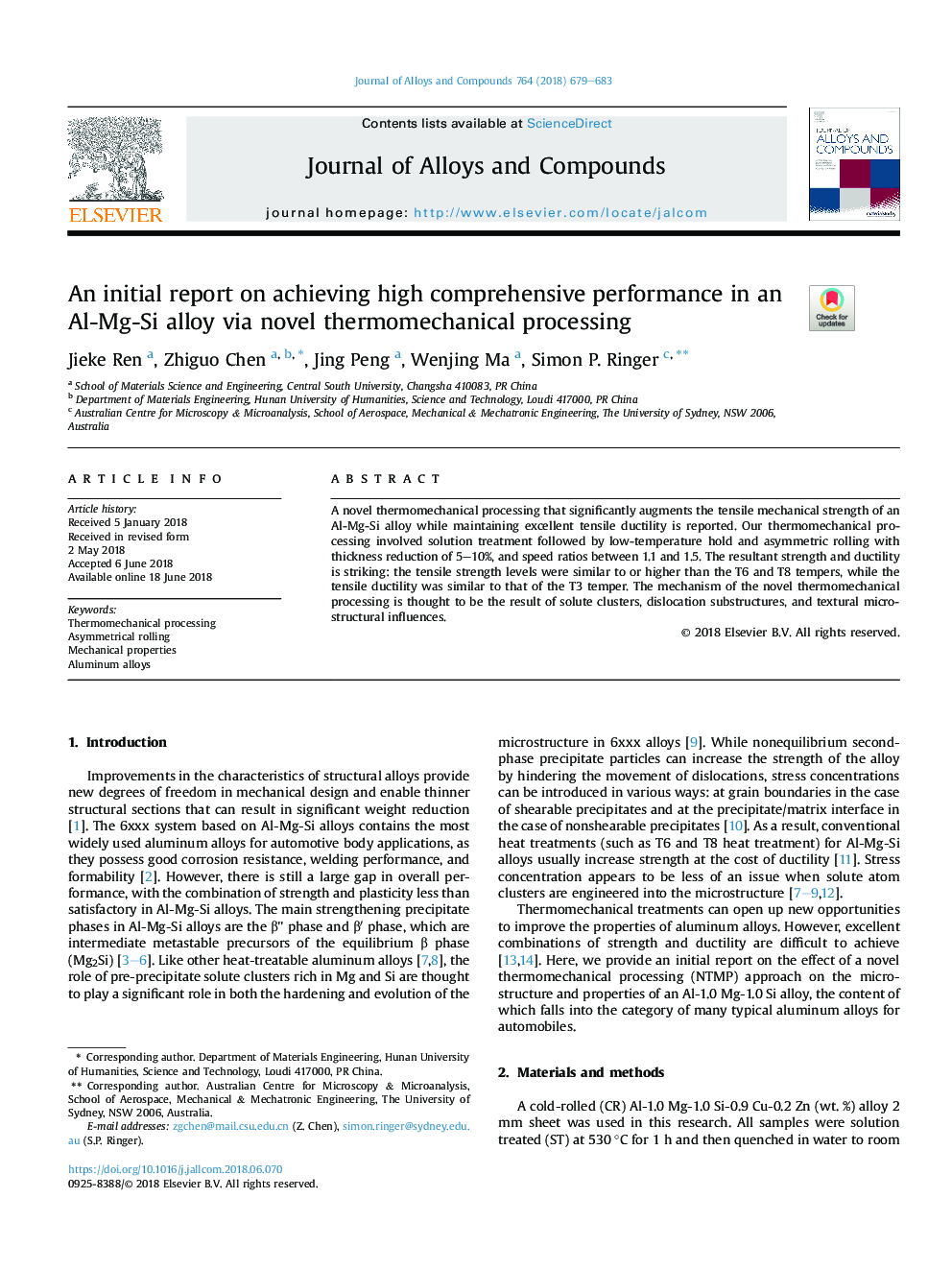 An initial report on achieving high comprehensive performance in an Al-Mg-Si alloy via novel thermomechanical processing