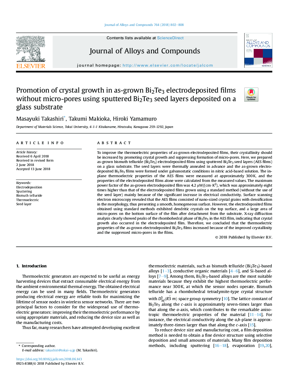 Promotion of crystal growth in as-grown Bi2Te3 electrodeposited films without micro-pores using sputtered Bi2Te3 seed layers deposited on a glass substrate