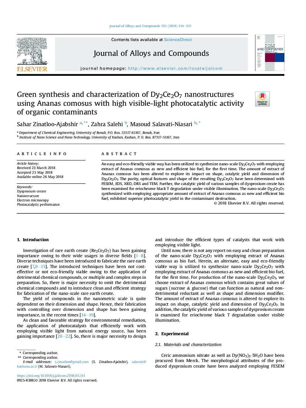 Green synthesis and characterization of Dy2Ce2O7 nanostructures using Ananas comosus with high visible-light photocatalytic activity of organic contaminants