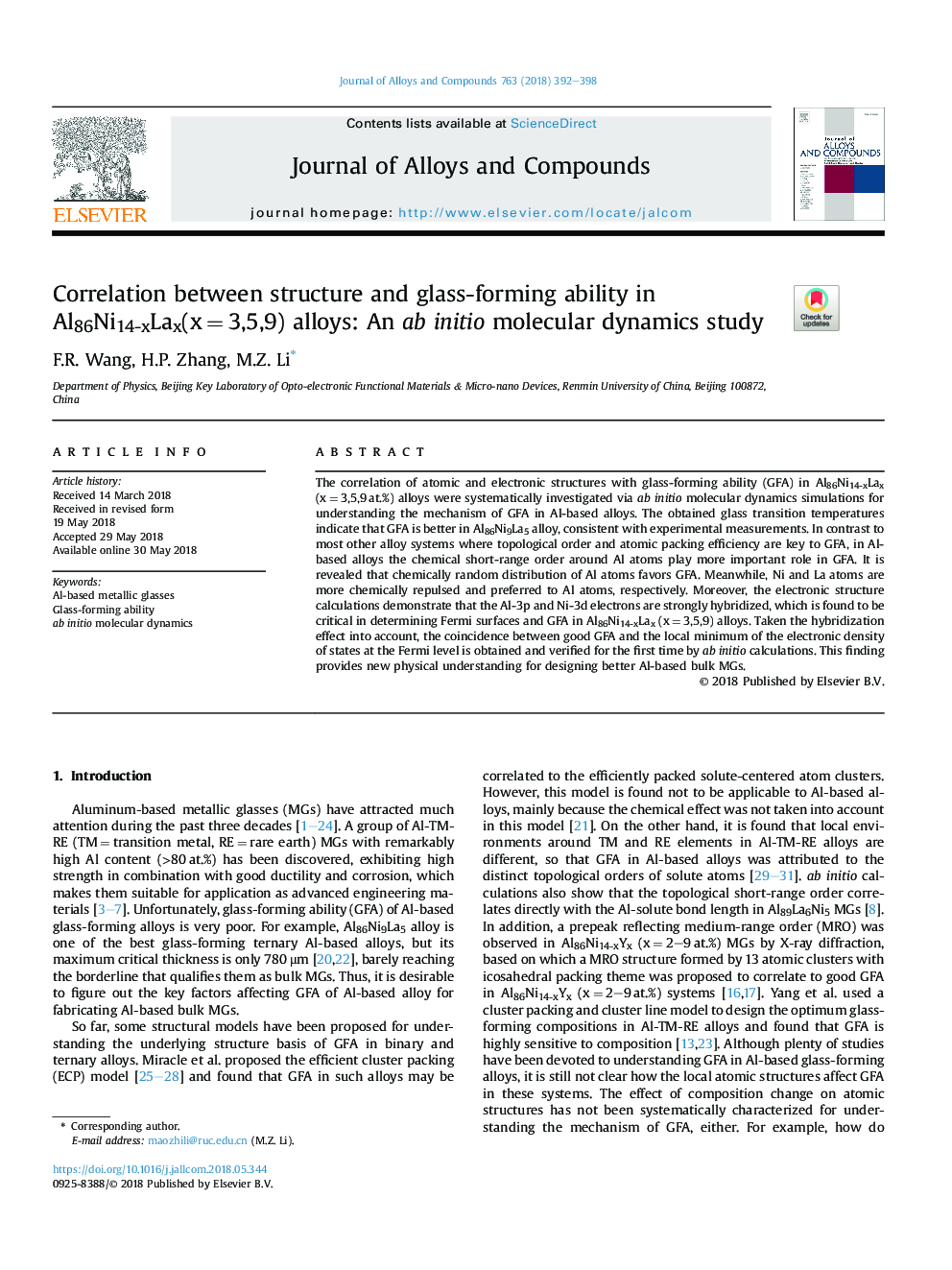 Correlation between structure and glass-forming ability in Al86Ni14-xLax(xâ¯=â¯3,5,9) alloys: An ab initio molecular dynamics study