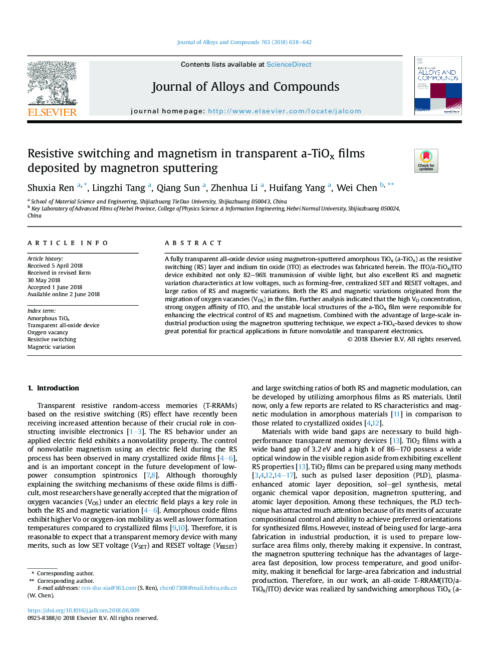 Resistive switching and magnetism in transparent a-TiOx films deposited by magnetron sputtering