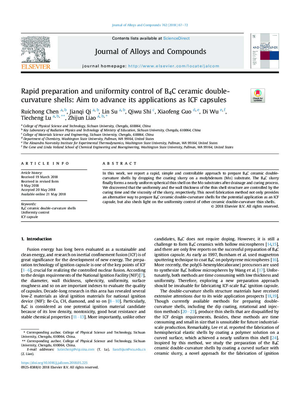 Rapid preparation and uniformity control of B4C ceramic double-curvature shells: Aim to advance its applications as ICF capsules