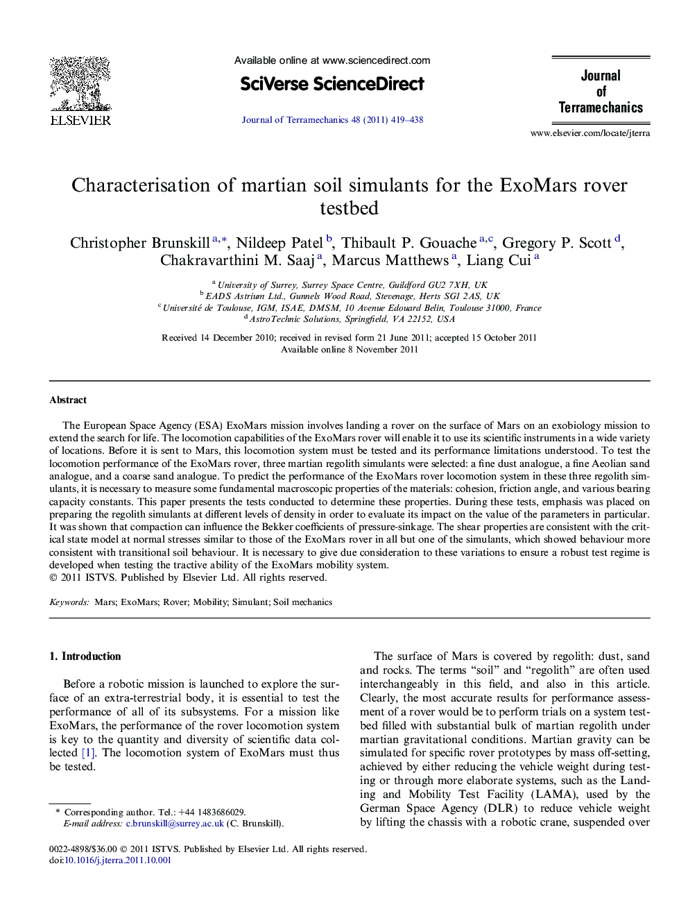 Characterisation of martian soil simulants for the ExoMars rover testbed