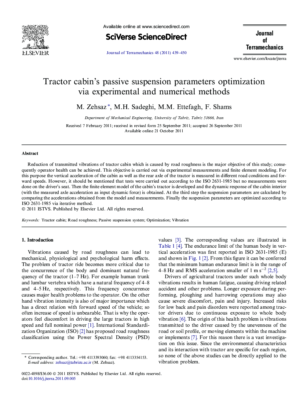 Tractor cabin’s passive suspension parameters optimization via experimental and numerical methods